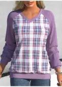 Modlily Light Purple Patchwork Plaid Long Sleeve V Neck Sweatshirt - XL