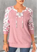 Modlily Light Pink Lace Up Plaid Long Sleeve Sweatshirt - XXL