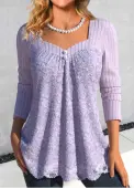 Modlily Light Purple Lace Long Sleeve Heart Collar T Shirt - M
