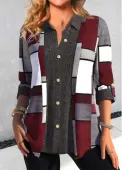 Modlily Dark Grey Button Geometric Print Shirt Collar Blouse - M