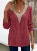 Modlily Wine Red Patchwork Long Sleeve V Neck T Shirt - M