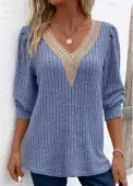Modlily Sky Blue Patchwork Long Sleeve V Neck T Shirt - M