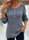 Modlily Dusty Blue Button Long Sleeve Round Neck T Shirt - XL
