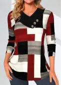 Modlily Wine Red Patchwork Geometric Print Long Sleeve Sweatshirt - M