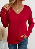 Modlily Wine Red Button Long Sleeve V Neck T Shirt - XL