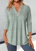 Modlily Sage Green Button Long Sleeve V Neck T Shirt - M