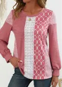 Modlily Pink Patchwork Geometric Print Long Sleeve Round Neck Sweatshirt - XXL