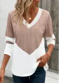 Modlily Light Camel Patchwork Geometric Print Long Sleeve T Shirt - 2XL