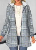 Modlily Dusty Blue Zipper Plaid Long Sleeve Hooded Coat - M