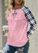 Modlily Light Pink Lace Up Plaid Long Sleeve Sweatshirt - L