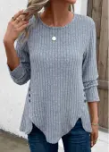 Modlily Dusty Blue Split Long Sleeve Round Neck T Shirt - XL