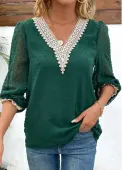 Modlily Green Patchwork Long Sleeve V Neck Blouse - 2XL