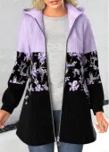 Modlily Light Purple Patchwork Floral Print Long Sleeve Hooded Coat - S