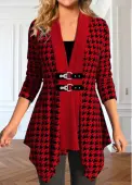 Modlily Wine Red Patchwork Plaid Long Sleeve Coat - M