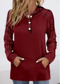 Modlily Wine Red Pocket Plaid Long Sleeve Hoodie - L