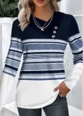Modlily Navy Patchwork Striped Long Sleeve Asymmetrical Neck T Shirt - XL