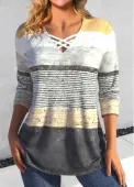Modlily Grey Criss Cross Striped Long Sleeve T Shirt - L