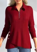 Modlily Red Zipper Long Sleeve Polo Collar T Shirt - M