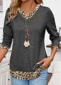 Modlily Dark Grey Patchwork Leopard Long Sleeve T Shirt - XXL