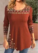 Modlily Brick Red Patchwork Tribal Print Long Sleeve T Shirt - XXL