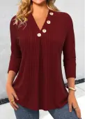 Modlily Wine Red Button Long Sleeve V Neck T Shirt - S