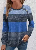 Modlily Blue Button Striped Long Sleeve Round Neck T Shirt - XL