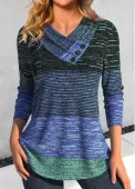 Modlily Cyan Button Striped Long Sleeve V Neck T Shirt - XL