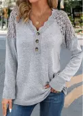 Modlily Grey Lace Long Sleeve V Neck T Shirt - XL