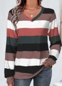 Modlily Multi Color Patchwork Striped Long Sleeve V Neck Sweatshirt - XL