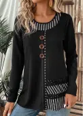 Modlily Black Patchwork Striped Long Sleeve Round Neck T Shirt - S