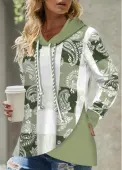 Modlily Light Green Patchwork Tribal Print Long Sleeve Hoodie - XXL