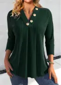 Modlily Blackish Green Button Long Sleeve V Neck T Shirt - M