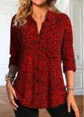 Modlily Red Button Leopard Long Sleeve Shirt Collar Blouse - S