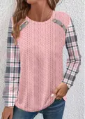 Modlily Pink Patchwork Plaid Long Sleeve Round Neck Sweatshirt - M