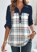 Modlily Blue Patchwork Plaid Half Sleeve Shirt Collar Blouse - XXL