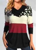 Modlily Wine Red Button Leopard Long Sleeve T Shirt - XXL