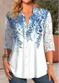 Modlily White Lace Leaf Print Long Sleeve Shirt Collar Blouse - S