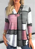 Modlily Pink Button Geometric Print Long Sleeve T Shirt - L