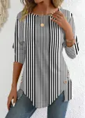 Modlily Black Patchwork Striped Long Sleeve Round Neck T Shirt - L