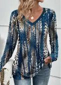Modlily Peacock Blue Patchwork Leopard Long Sleeve T Shirt - L