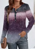 Modlily Purple Button Ombre Long Sleeve Round Neck T Shirt - XL