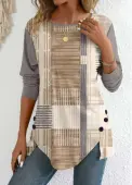 Modlily Light Camel Patchwork Graffiti Print Long Sleeve T Shirt - L