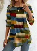 Modlily Multi Color Button Geometric Print Long Sleeve T Shirt - XL