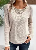 Modlily Beige Lace Long Sleeve Round Neck T Shirt - L