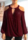 Modlily Wine Red Cut Out Long Sleeve Round Neck Shirt - S