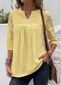 Modlily Light Yellow Patchwork 3/4 Sleeve Split Neck Blouse - XL