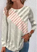 Modlily Beige Patchwork Geometric Print Long Sleeve T Shirt - L