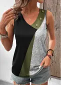 Modlily Black Button Geometric Print Sleeveless V Neck Tank Top - XXL
