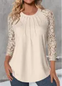 Modlily Skin Color Lace Long Sleeve Round Neck T Shirt - L