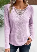 Modlily Light Purple Lace Long Sleeve Round Neck T Shirt - L